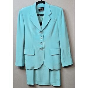 Vintage Richard Tyler Skirt Suit Womens 8 Blue 100% Silk Blazer Jacket Made USA